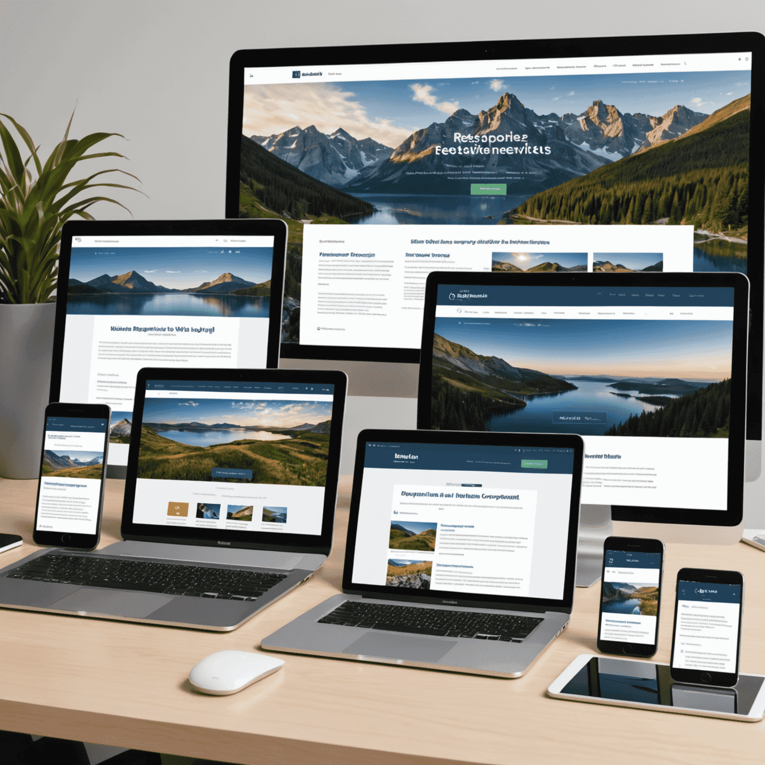 Imagen que muestra varios dispositivos (teléfono, tableta, computadora portátil y de escritorio) con el mismo sitio web adaptado a cada pantalla, ilustrando el concepto de diseño responsivo